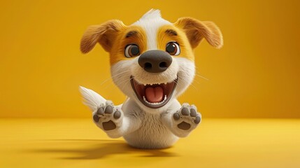 Wall Mural - An adorable dog full of infectious joy on a yellow background.