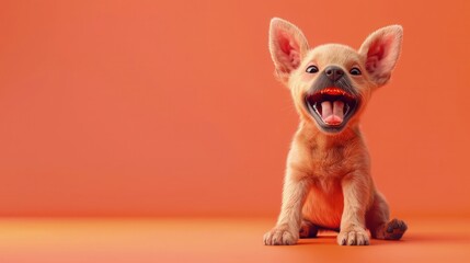 Wall Mural - An adorable dog full of infectious joy on a red background.