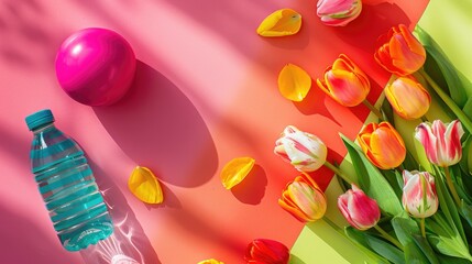 On a bright background there are sports equipment a bottle of water and vibrant tulip flowers celebrating International Women s Day