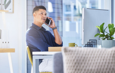 Poster - Phone call, businessman and networking in office for project idea, planning and startup company. Male consultant, mobile and communication at desk for agenda, guidance and professional advice