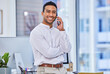 © peopleimages.com - Phone call, business or happy man planning for project in conversation, office or communication. Broker, smile or confident financial advisor networking in investment deal or listening to news update