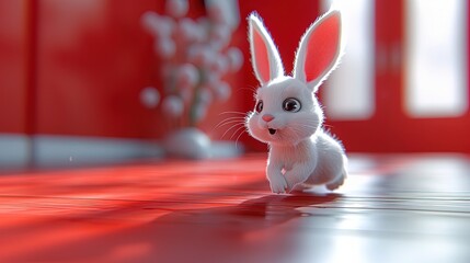 Wall Mural - Adorable bunny 3d character full of infectious joy on red background