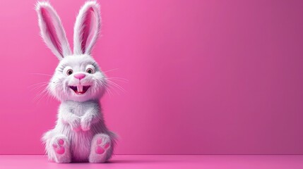 Wall Mural - Adorable bunny 3d character full of infectious joy on pink background