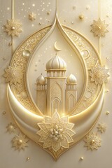 Wall Mural - Golden islamic celebration background with traditional design for ramadan, eid mubarak, and eid al adha, featuring mosque, arabic crescent moon, stars, the spirit of the feast of sacrifice