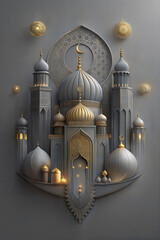 Wall Mural - Islamic motif with mosque and arabic crescent moon and stars, 3d design poster perfect for islamic holidays like ramadan, eid al fitr, and eid al adha