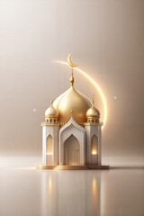 Wall Mural - Golden islamic celebration background with traditional design for ramadan, eid mubarak, and eid al adha, featuring mosque, arabic crescent moon, stars, the spirit of the feast of sacrifice