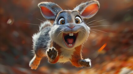 Wall Mural - Adorable 3d bunny character leaps full of infectious joy