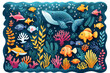 Colorful ocean scene with various fish and sea creatures in a stylized underwater setting. World Ocean Day.