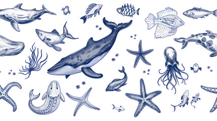 Wall Mural - Vintage navy blue Hand drawn illustration of realistic ocean animals, sea stars, whale, seaweed, fish, squids isolated on white background