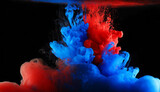Fototapeta Las - Acrylic blue and red colors in water. Ink blot. Abstract black background.