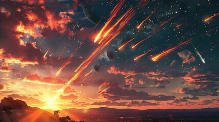 Wall Mural - meteor showers during the daytime sky at sunset create a breathtaking spectacle as fireballs illumin