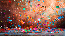 Colorful Confetti Rain On A Rustic Copper Background, Blending Traditional Celebration With A Contemporary Look In High Definition.
