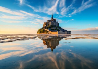 Photo of Mont-Saint-Michel with blue sky and calm water at sunrise
