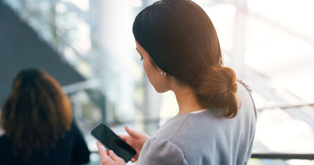 Aufkleber - Escalator, phone and business woman in office for arrival in lobby for work, job and career. Modern building, corporate worker and person on electrical stairs for social media, website and internet