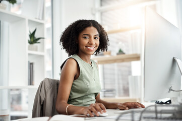 Poster - Black woman, portrait and computer in office as designer for ux market research, creativity or project. Female person, face and smile for online connection with ui website, proposal or networking