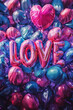 Word LOVE as pink air balloons. Colorful background with sunlight. Poster.