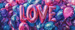 Word LOVE as pink air balloons. Colorful background with sunlight.
