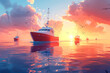 Fishing boats at sunset with vivid sky and calm sea, ideal for nautical and travel themes. World Ocean Day.