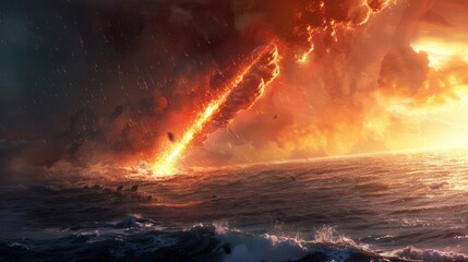Wall Mural - in a dramatic armageddon like scene a blazing meteor hurtled downwards and crashed into the vast exp
