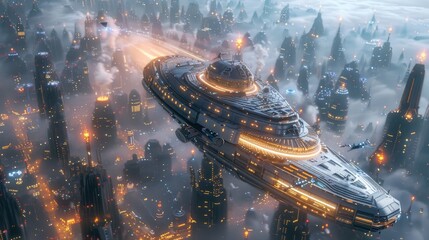 Sci fi ship in futuristic city. Aerial view. 3d rendering. 3D Illustration Generative AI,