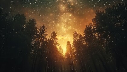 Wall Mural - a forest with a bright orange sky and a large alien flying through the trees by ai generated image
