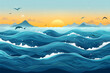 Peaceful ocean waves at sunset with distant mountains and flying birds, ideal for tranquil and nature themes. World Ocean Day.