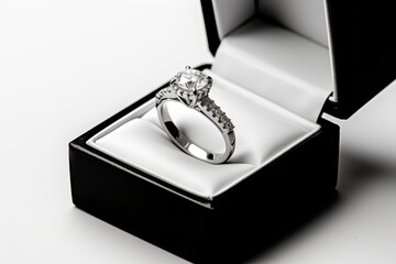 Wall Mural - A diamond ring is in a black box. The box is white and has a shiny finish. The ring is the main focus of the image