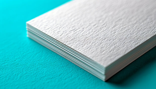 A stack of white business cards on a blue surface.