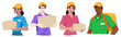 Set of couriers, men and women, wearing colored shirts and orange caps, holding cardboard boxes in their hands or a backpack on their back. Flat design illustration.