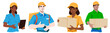 Set of couriers and call center operators, men and women, wearing colored shirts and caps, with tablet and cardboard boxes in their hands or a backpack on their back. Flat design illustration.