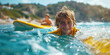 Young boy smiling on a surfboard in the ocean, ideal for vacation and family themes. World Ocean Day.