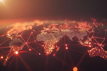Poster - detailed close-up view of a world map on a dark background, showcasing global network connections an