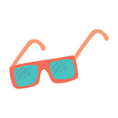 Colorful Sunglasses with Blue lens isolated on white background. Cartoon funny kids orange summer sun glasses icon, label and sign. Cool hipster Sunglasses vector Flat graphic illustration