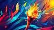Olympic torch in colorful and dynamic shapes, background of sports competitions