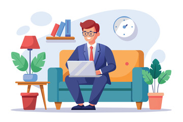 Poster - Working man using laptop on sofa. AI generated