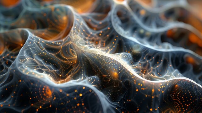 The image shows a close-up of a computer-generated 3D rendering of a highly detailed organic structure resembling a coral reef or a brain