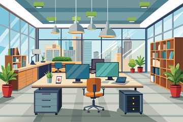 Poster - A simple and elegant office room featuring a desk and chair for work or study, elegant office interior, Modern office workspace with desk and plants 