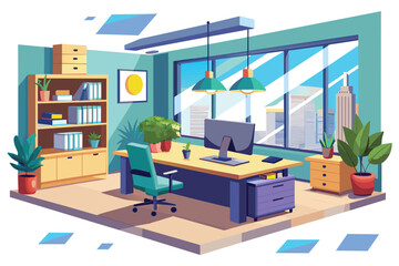 Poster - A simple and elegant office room featuring a desk and chair for work or study, elegant office interior, Modern office workspace with desk and plants 
