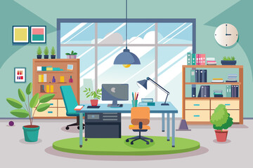 Poster - A simple and elegant office room featuring a desk and chair for work or study, elegant office interior, Modern office workspace with desk and plants A generated