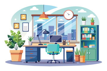 Poster - A simple and elegant office room featuring a desk and chair for work or study, elegant office interior, Modern office workspace with desk and plants 