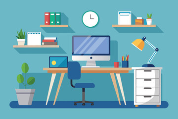 Poster - A simple and elegant office room featuring a desk and chair for work or study, elegant office interior, Modern office workspace with desk and plants 