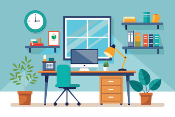 Poster - A simple and elegant office room featuring a desk and chair for work or study, elegant office interior, Modern office workspace with desk and plants A generated