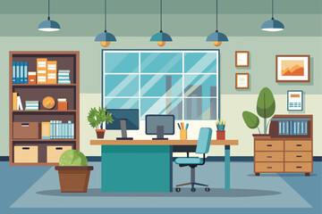 Poster - A simple and elegant office room featuring a desk and chair for work or study, elegant office interior, Modern office workspace with desk and plants  Ai generated
