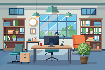 Poster - A simple and elegant office room featuring a desk and chair for work or study, elegant office interior, Modern office workspace with desk and plants Ai generated