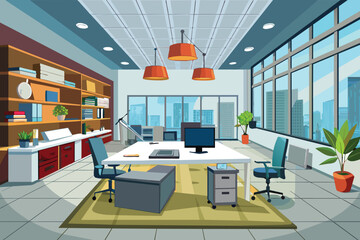 A simple and elegant office room featuring a desk and chair for work or study, elegant office interior, Modern office workspace with desk and plants Ai generated