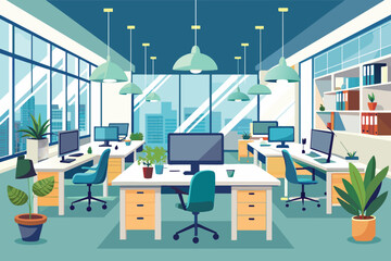 Poster - A simple and elegant office room featuring a desk and chair for work or study, elegant office interior, Modern office workspace with desk and plants Ai generated