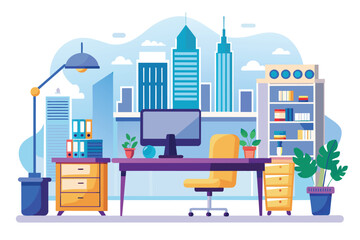Poster - A simple and elegant office room featuring a desk and chair for work or study, elegant office interior, Modern office workspace with desk and plants A generated
