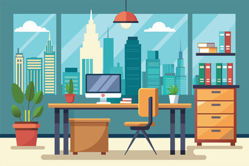 Poster - A simple and elegant office room featuring a desk and chair for work or study, elegant office interior, Modern office workspace with desk and plants A generated