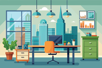 Poster - A simple and elegant office room featuring a desk and chair for work or study, elegant office interior, Modern office workspace with desk and plants A generated