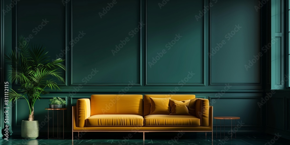 nterior, Dark Green Wall Panel with Yellow Sofa and Coffee Table, Cozy ...